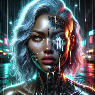 The primary subject of the image is a woman with a mix of human and robotic features. She has a human face with a tear, and her eyes are glowing yellow. However, her body is covered in robotic parts, giving her a unique and futuristic appearance. The setting is a rainy city street, with a backdrop of buildings and a car visible in the background. The visual style of the image is a digital art or illustration, creating a surreal and intriguing scene. The dominant colors in the image are blue and yellow, with the blue representing the woman's human features and the yellow representing her robotic parts. The overall atmosphere of the image is mysterious and thought-provoking.